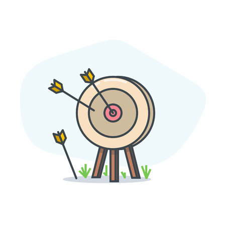 Archers target and arrows. Goal achievement and accuracy concept. Arrow target illustration. Abstract light background with shadow and grass. Linear modern, trendy vector banner.のイラスト素材
