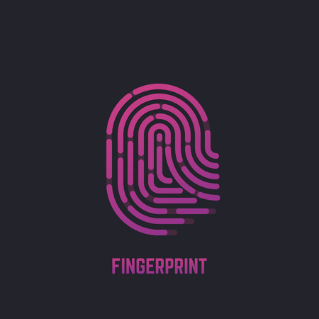 Fingerprint line illustration. Gradient finger print for scanning. Dark background. Logo, icon or banner for security. Simple abstract human hand fingerprint. Linear modern, trendy vector.のイラスト素材