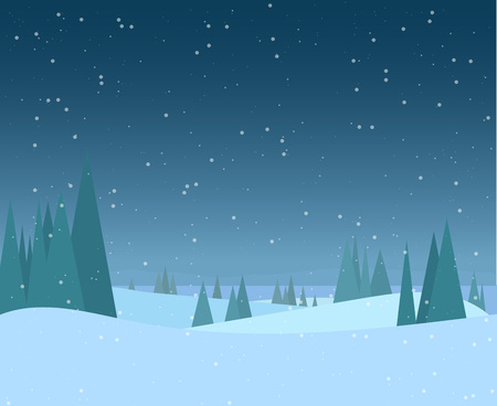 Night winter forest illustration. Christmas snow nature background. Snowfall and mountains on background. Sky with snow. Forest of fir-trees. Calm, winter scene.のイラスト素材