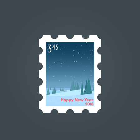 Postal stamp new year illustration. Happy new year stamp concept. Winter night forest with snow. Snowing weather at forest. Beautiful flat nature scene. For postcard, letter. Modern, trendy vector.のイラスト素材