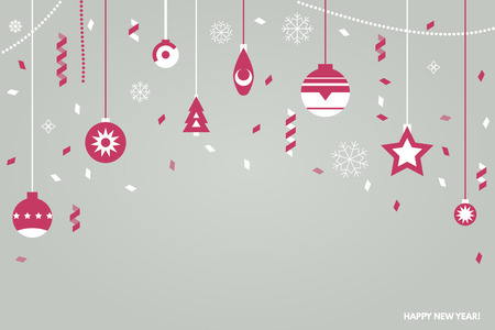 New Year and Christmas background for text or decoration. Christmas tree decoration balls and stars. Confetti and snowflakes. New Year's toys on threads. Modern, trendy vector banner.のイラスト素材
