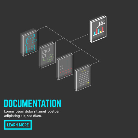 Documents and papers connected. Isometric neon thin line paper docs. Flat style line modern vector illustration with retro colors. Bussiness documentation and folder.のイラスト素材