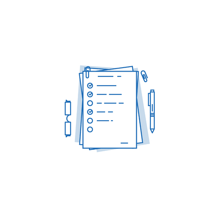 Pile of documents, a4 format with to do tasks and complete check marks. Agenda on paper concept. Office paper work and daily tasks.のイラスト素材