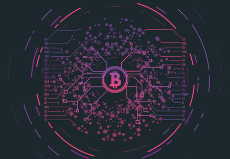Crypto currency concept gradient vector illustration. Connections and circles. Futuristic information network. Visual geometric structure of data with digits and numbers. Bitcoin sign.のイラスト素材