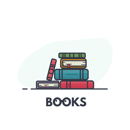 Flat style, thick and thin line design concept art. Pile of books and magazines. Color books, education and knowledge concept. Modern line vector. Reading and learning.のイラスト素材
