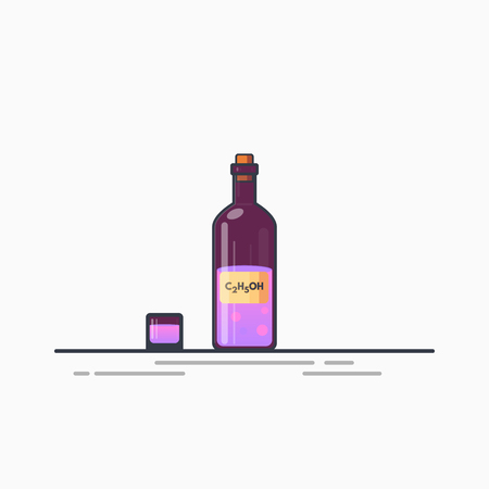 Bottle of purple alcohol or ethanol with chemical formula C2H5OH. Small glass with liquid. Line modern art style. Alcohol drink for restaurant or food banner. Old, retro style liquor illustration.のイラスト素材