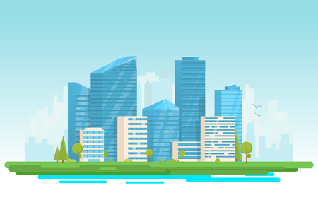 City buildings vector illustration. Small building, big skyscrapers and large city tall skyscrapers on background. Urban street with park and trees near cityscape. Metropolis background.のイラスト素材