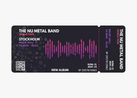 Music concert ticket template. Dark, black color design with white, purple and pink gradient text. Sound wave line concept. Vector template for music event, show or performance pass or coupon.のイラスト素材