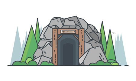 Bitcoin and cryptocurrency line concept. Old mine entrance with big granite rocks and green trees. Nature background. Mining business. Modern line vector illustration.のイラスト素材