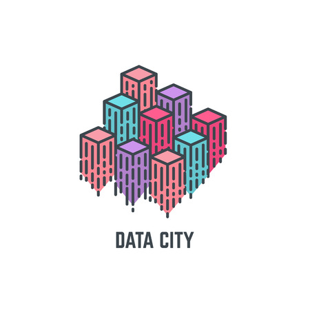 Abstract composition of city skyscrapers, representing data and modern digital urban information. Buildings in form of diagramm bars. Smart and digital city concept. Modern line vector illustration.のイラスト素材
