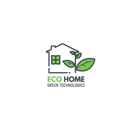 Eco home concept. Logo of house with windows and chimney pipe, growing new green leaves. Green leaf plant. Text of product or company name.  Modern line vector illustration.のイラスト素材