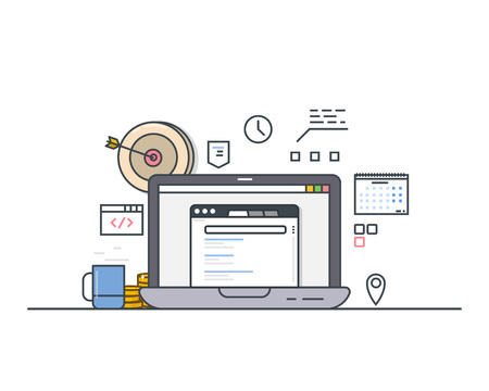 Online targeting concept. Line modern vector illustration. Laptop with website and search engine. Arrow and bullseye, cup of coffee, calendar and other office stuff.のイラスト素材