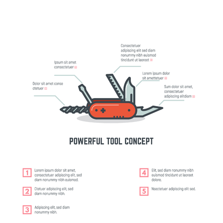 Red swiss army knife. Multi Tool concept. Tools and options with numbers. Infographic for multifunctional applications.のイラスト素材