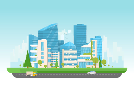 City vector illustration. Small building, big skyscrapers and large smart city tall skyscrapers on background. Urban street with park and trees near cityscape.のイラスト素材