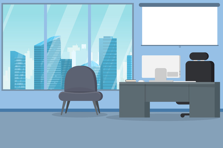 Office interior modern flat vector illustration. Business table with computer monitor and leather chair. Big window with skyscrapers on background and down town business city district.のイラスト素材