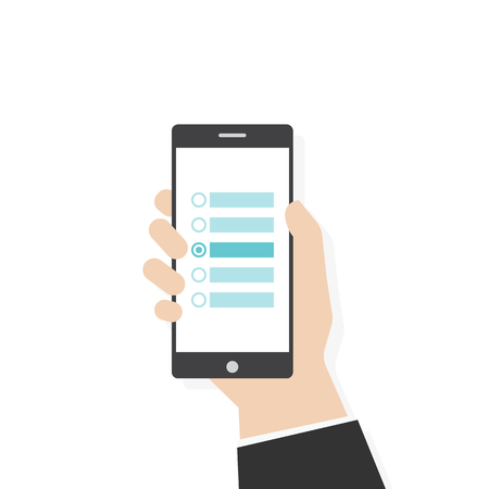 Customer survey flat vector illustration. Human hand holding black phone with survey.のイラスト素材