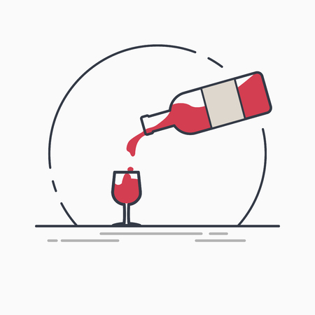 Bottle of red wine with glass. Old, retro style wine liquor illustration.のイラスト素材