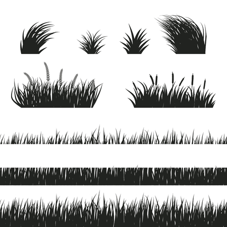 Black and white horizontal seamless grass silhouette. Lawn grass and bushes of varying degrees of germination. Freshly trimmed and wild grass.のイラスト素材