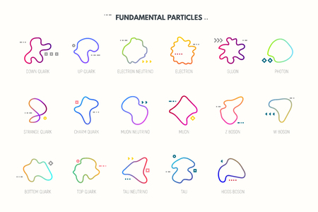 Standard model of elementary particles. String theory particles. Quarks, leptons and bosons table. Geometric abstract shapes. Lines and dots with strings. Line style gradient vector illustration.のイラスト素材