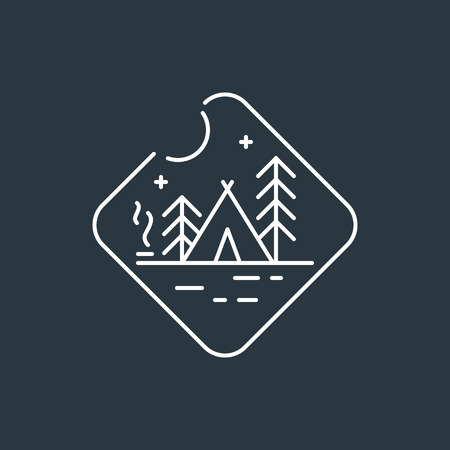 Camping badge logo. Night camping badge. Native american teepee tent, pine trees and camp fire with smoke. Dark background with white linear badge.のイラスト素材