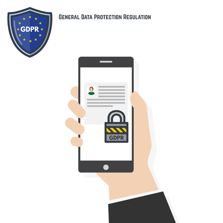 GDPR data protection. Hand holding phone vector illustration. Human hand holding mobile smartphone with form protected with padlock. White background and phone screen. GDPR EU security law.のイラスト素材