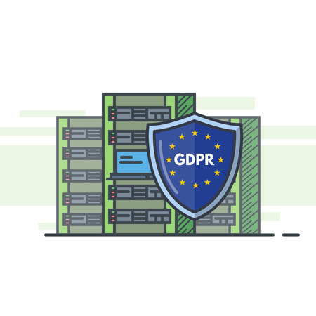GDPR internet regulation. Server room with three big towers and shield protection. Security web banner. Green eco friendly cloud computing. Hosting provider servers. Trendy line vector illustration.のイラスト素材