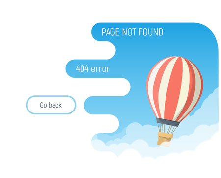 404 error page template page not found web message. Retro cartoon hot air balloon flying up in the sky. White clouds and blue sky flat style vector illustration for white site backgrounds.のイラスト素材