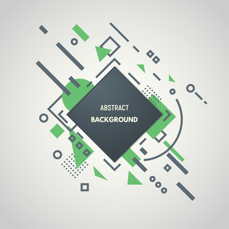 Linear abstract geometric background with black lines and dots with geometric shapes, triangles, squares and circles. Design for brochure flyer or book cover. Stock vector illustration.のイラスト素材