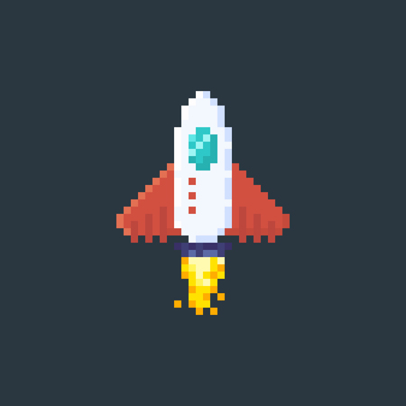 Pixel art style vector illustration. Retro rocket launch. Takeoff and fire from rocket engine. Pixelated art.のイラスト素材