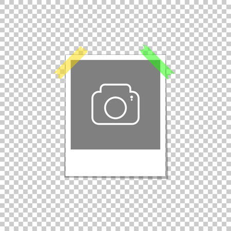 Photo rectangular template frame. Attached transparent tape in the corners with a camera icon shadow. For advertising projects pictures and snapshots.のイラスト素材