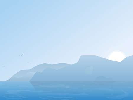 Morning nature illustration. Lake or river with mountains and morning fog. Calm water and blue sky. Beautiful summer morning on lake.のイラスト素材
