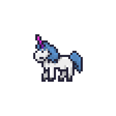 Pixel art unicorn. 8 bit style vector. White horse with purple magic horn and blue cute hair. Pixel perfect retro console style illustration.のイラスト素材