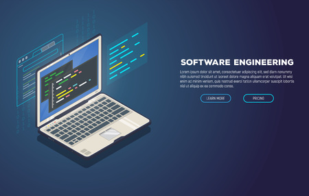 Isometric laptop with software for development. Soft, web or game development software. Web pages and window, binary code, and site. Coding notebook concept.のイラスト素材