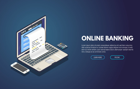Online banking computer web app. Isometric laptop with paper document printing from screen and phone with credit card. Online payment and invoices banner. Bill and taxes concept.のイラスト素材
