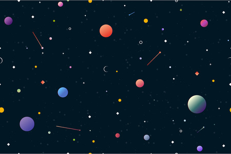 Space seamless pattern. Gradient planets and stars. Round white dots on dark blue background looking...