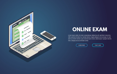 Online exam computer web app. Isometric laptop with paper document printing from screen and phone. Online test or opinion checklist. Computer tests and examination paper.のイラスト素材