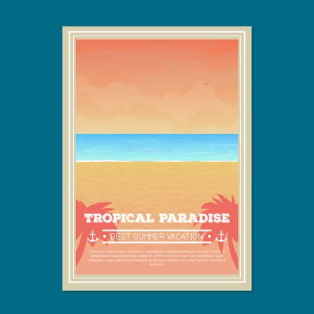 Summer beach holiday poster. Sunset and pink sand and sky colors. Summer vacation vertical banner. Tropical sand beach, ocean with waves and big clouds. Seaside view. Vector realistic illustration.のイラスト素材