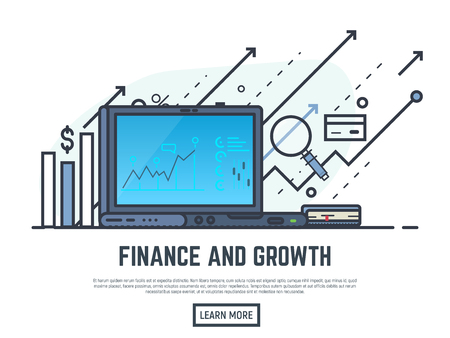 Laptop with financial report on screen. Financial growth concept illustration. Magnifying glass, arrows and graph stats. Thin line style banner. Trendy vector placard with text and button.のイラスト素材