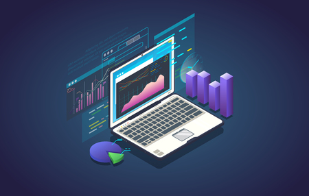 Finance analysis computer application. Isometric laptop with chart and financial growth graph. Big data and marketing analysis. Finance report and plan for business.のイラスト素材