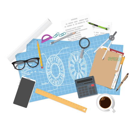 Architect planning or blueprints of mechanical unit. Top view with items and tools. Flat style vector. Engineer project. Plan on paper to build. Web banner for construction or new project and draft.のイラスト素材