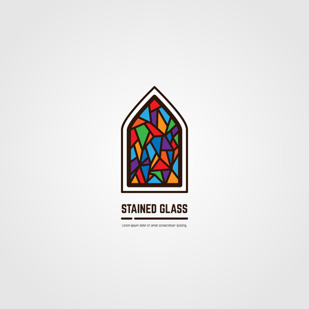 Colorful stained glass window. Logo, emblem or icon with text. Thick line style flat style linear vector. Architecture, religious or gallery. Bright stain glass and color window.のイラスト素材