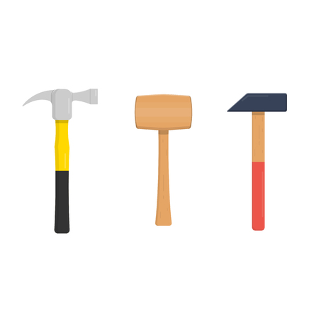 Set of three hammers. Metal hammer head with wooden handle. Wooden hammer for carpenter work. Wooden mallet, iron tools for nails and construction.のイラスト素材