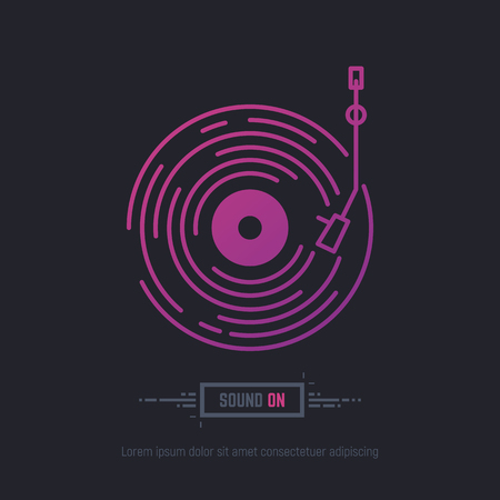 Emblem of vinyl record in purpule and pink neon gradient colors. DJ or retro party with vinyl music. Music label logo. Trendy gradient line style vector illustration.のイラスト素材