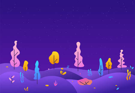 City park lawn and trees. Flat style line vector illustration. Futuristic landscape of other planet. Retro gradient colors and kids style illustration. Starry night and purple trees.のイラスト素材