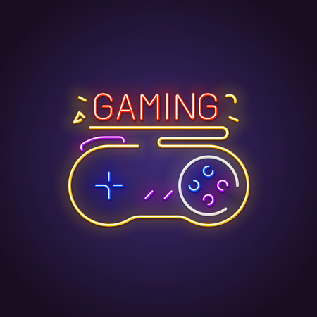 Glowing neon sign of big retro gamepad with buttons and text. Gaming letters glowing in retro colors. Joystick and retro game concept. Neon lamp bright signboard.のイラスト素材