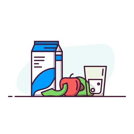 Healthy food line style banner. Avocado and apple with a glass of water or milk. Paper pack of drink or milk with fruits. Healthy eating concept. Rich vitamin fruits for vegetarian diet and menu.のイラスト素材