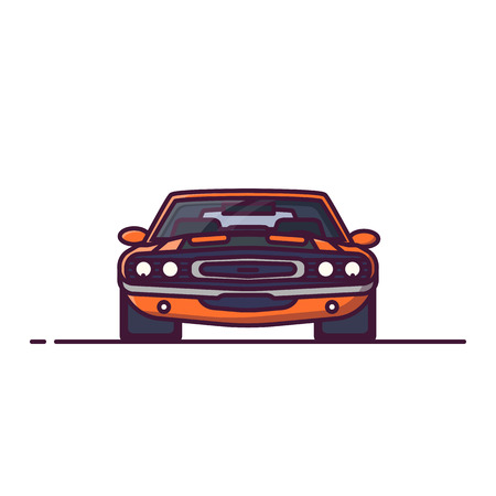 Front view of yellow muscle sport car with muscle, big engine. Challenge car for races. Line style vector illustration. Vehicle and transport banner. Retro style old car from 60s.のイラスト素材