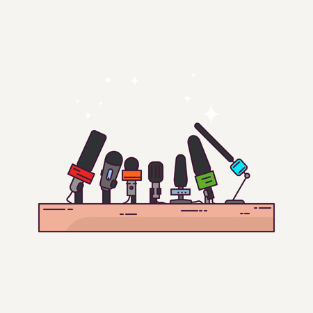 Press conference or interview podium. News and journalism banner. Line style microphones. Press conference concept illustration.のイラスト素材