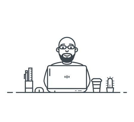 Workspace of web designer or programmer with laptop. Flat style linear vector. Laptop with cactus and pen with ruler. Thin line modern style vector illustration. Working with notebook.のイラスト素材