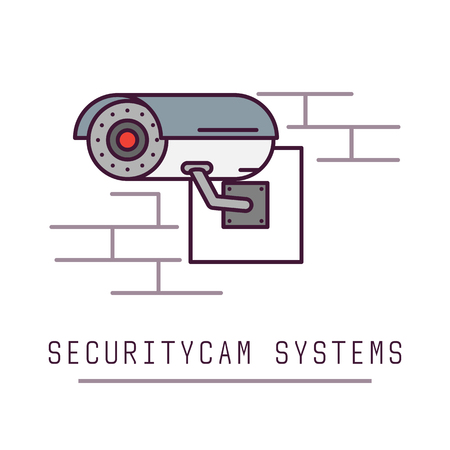 Security cam on wall with bricks. Securitycam system. Video surveillance illustration. Cctv vector image.のイラスト素材